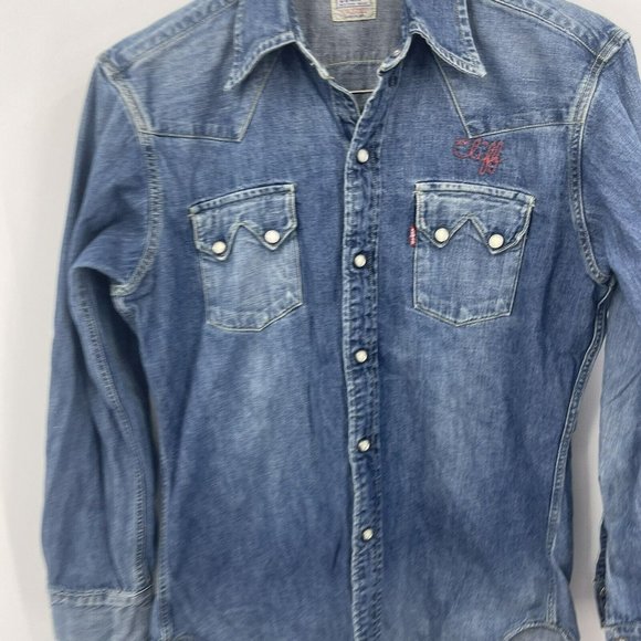 VTG Levi's Big E Sawtooth Short Horn Pearl Snap Button Denim Shirt Sanforized - Picture 3 of 16